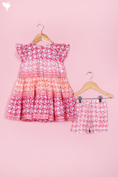 Cotton Frock & Shorts Set In Block Print